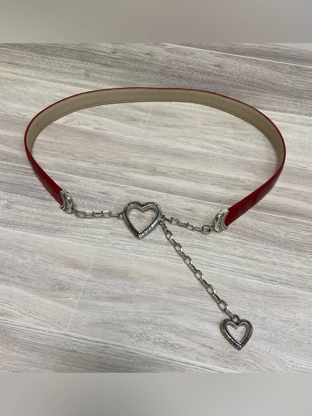 Red Leather Embosses Belt with Silver Chain and Heart Buckle